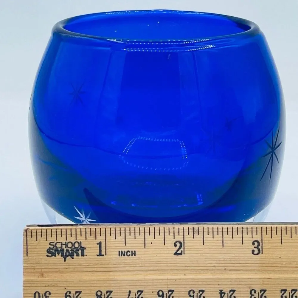 Crate & Barrel Cobalt Blue Starburst Votive Etched Star Glass Holder Poland
